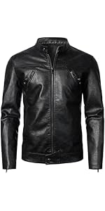 HOOD CREW Men’s Faux Leather Jacket Cool Biker Jackets Vintage Stand Collar Lightweight Leather O...