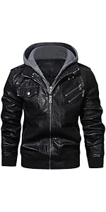 HOOD CREW Men’s Casual Stand Collar PU Faux Leather Zip-Up Motorcycle Bomber Jacket With a Remova...