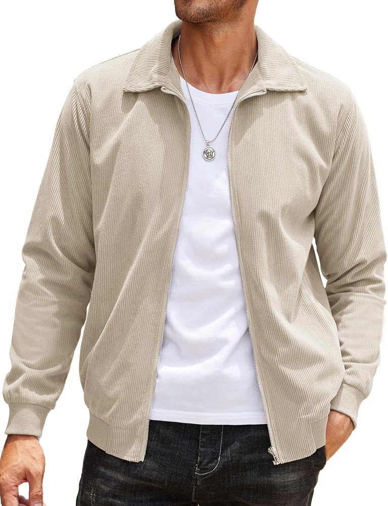 COOFANDY Men's Casual Corduroy Jacket Lightweight Zip Up Vintage Jacket Collared Bomber Jacket