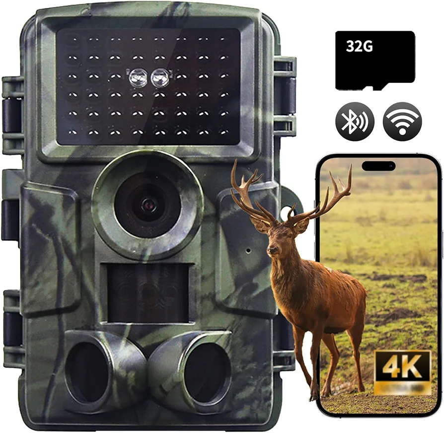 Trail Camera, 4K 60MP Game Camera with WiFi, 0.2s Trigger Time Motion Activated Hunting Cameras, IP66 Waterproof 120° Wide Lens, with 40pcs No Glow Infrared LED for Night Vision Outdoor Wildlife