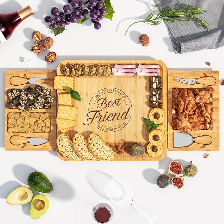 Charcuterie Boards Gift Set, Bamboo Cheese Board and Knife Set with Slide-Out Drawer, Unique Gifts for Women, Housewarming, Anniversary and Wedding Gift, Best Friend