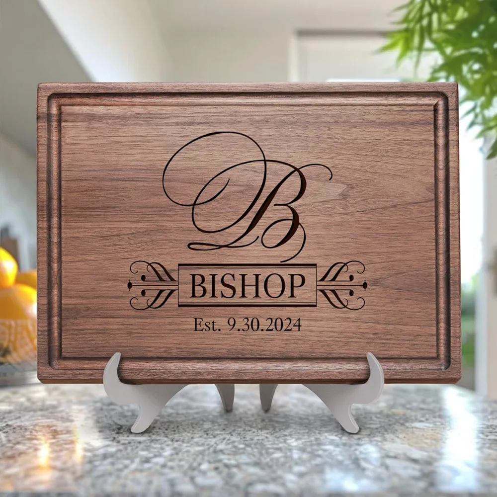 Straga Personalized Cutting Boards | Handmade Wood Engraved Charcuterie | Custom Wedding, Anniversary, Housewarming Gift for Newlyweds or Couples (Fancy Initial Design No.203)