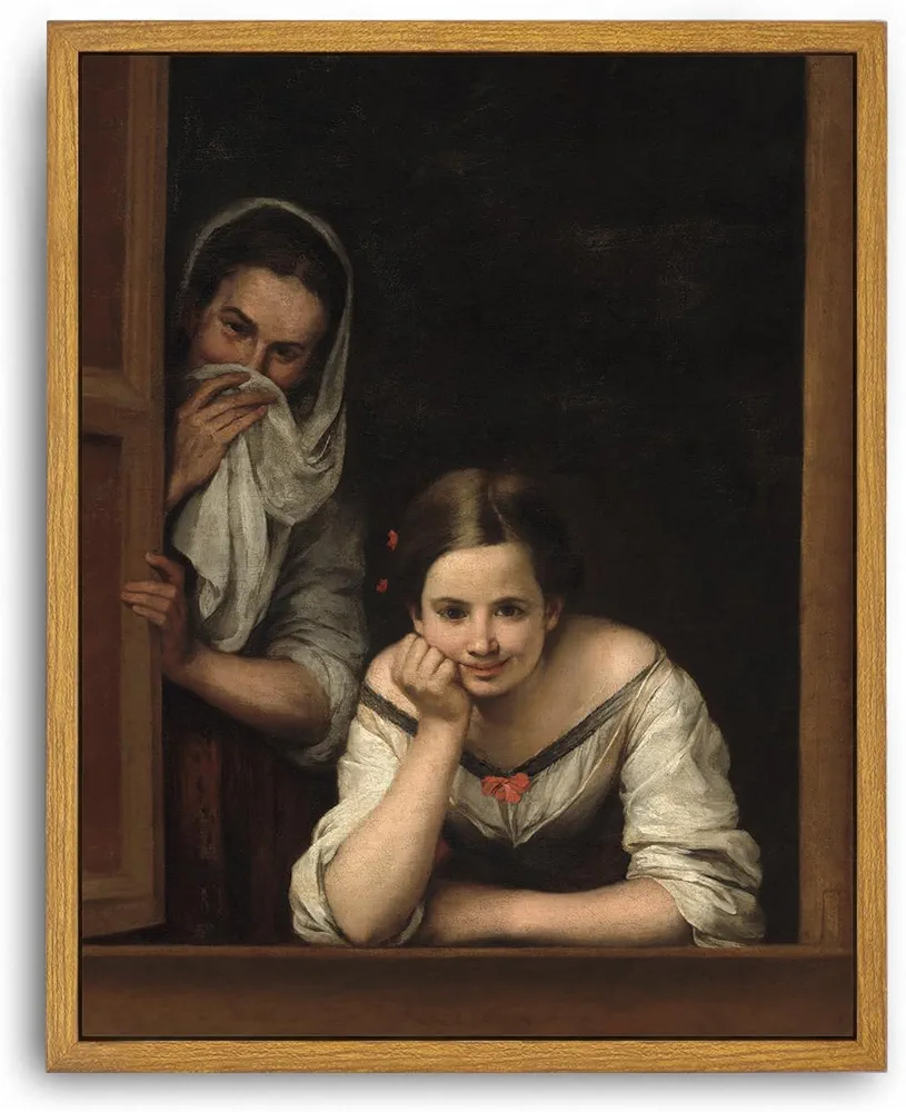 Roslynity Framed Canvas Wall Art Vintage Print Paintings Two Women at a Window Restroom Funny Portrait Toilet Poster Classic Humor Retro for Home Living Room Bathroom Wall Decor (8"x10")