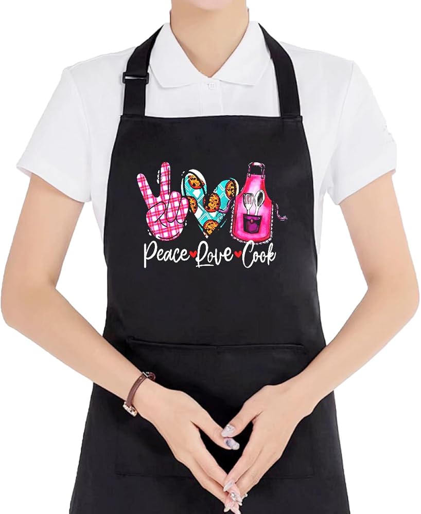 Trendy Cooking Aprons for Women with 2 Pockets - Peace Love Cook, Waterproof Adjustable Bib Apron for Cooking Kitchen Grilling Grill BBQ Kitchen Dishwashing, Black