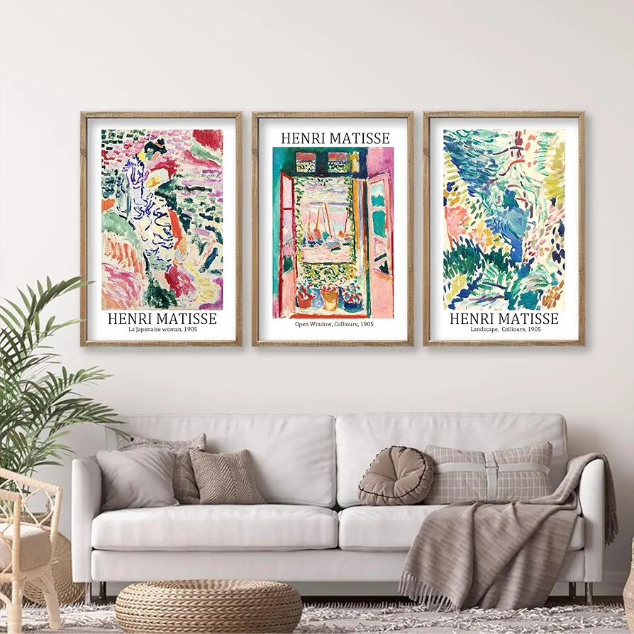 Henri Matisse Wall Art Decor Set of 3 16x11 Inch Large Rustic Farmhouse Aesthetic Wood Framed Matisse Sign Modern Home Bedroom Living Room Office Abstract Landscape Print Wall Hang (Wood)