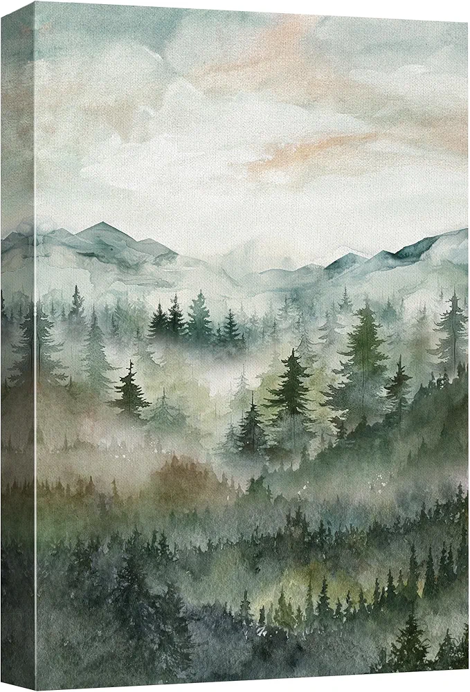 SIGNWIN Canvas Print Wall Art Misty Forest Landscape Watercolor Serene Mountain Pine Trees in Fog Illustrations Modern Art Decorative Landscape for Living Room, Bedroom, Office - 24"x36"