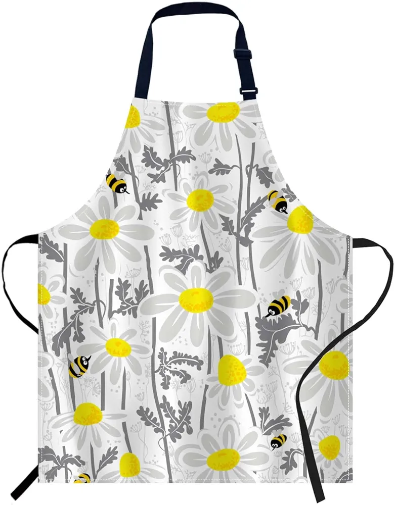 oFloral Bees and Chamomile Apron Unisex Adjustable Bib Apron Cooking Kitchen Chef Women Men Aprons for Home Kitchen, Restaurant,Coffee House,Shop,Garden