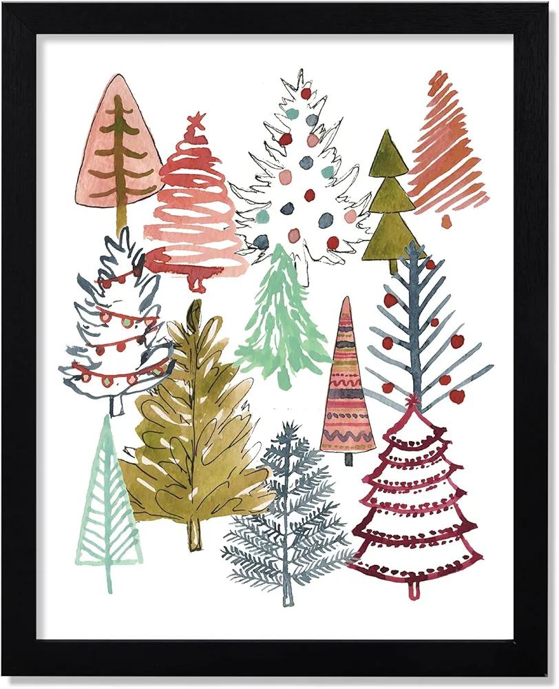 Whaline Christmas Framed Wall Art Colorful Xmas Tree Canvas Art Prints Painting Ready to Hang Wall Decor for Office Bedroom Living Room Gallery, 11 x 14 Inch