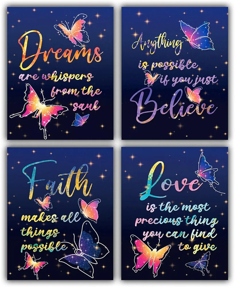 Blue Room Wall Decor, Butterfly Inspirational Quote Colorful Wall Art Posters, Religious Wall Art Decor Hope Faith Love Dreams Bible Verse Wall Art Print For Girls Bedroom Home Office Classroom Decor