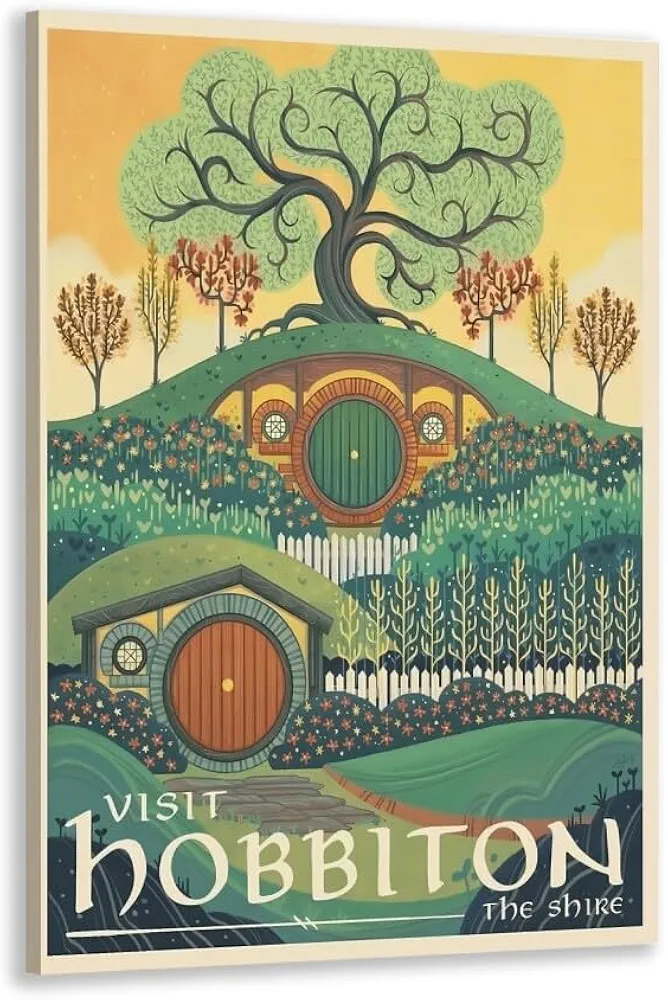 WLCXDZVR Travel Decor Vintage Travel Posters Hobbiton The Lord of The Ring Poster Travel Canvas Wall Art Print Modern Modern Artwork for Home Room Living Room Bedroom 8x12in Framed