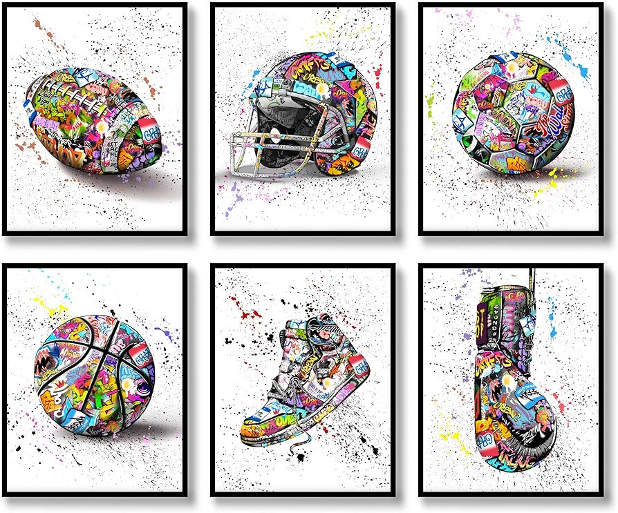 Graffiti Wall Art Sports Prints Wall Decor Set of 6 Canvas Fashion Posters Inspirational Colorful Modern Art Photos Pictures,Trainers, Helmets,Boxing,Basketball,American football,Football for Home