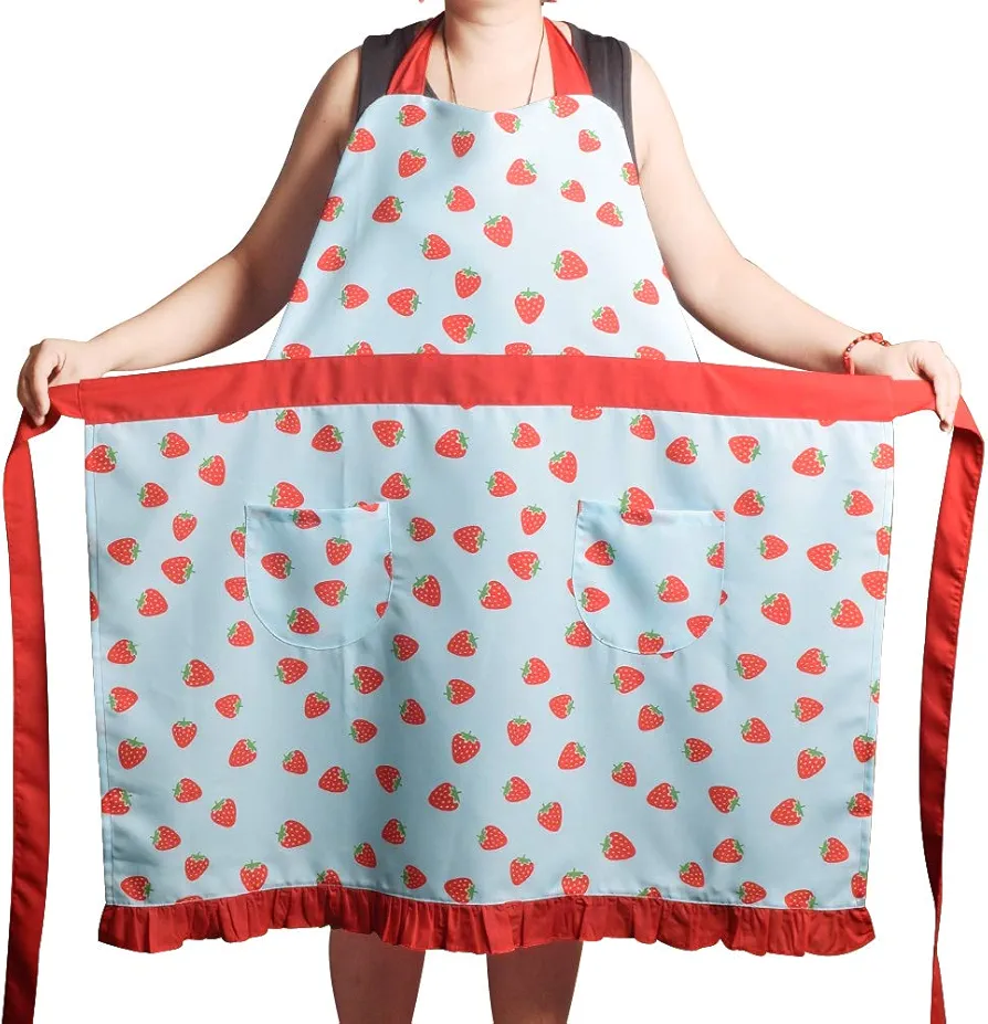 Love Potato Aprons for Women Girls Plus Size, Adjustable Kitchen Cooking Apron with 2 Pockets & Extra Long Ties, 34x36 inch (Red Strawberry)
