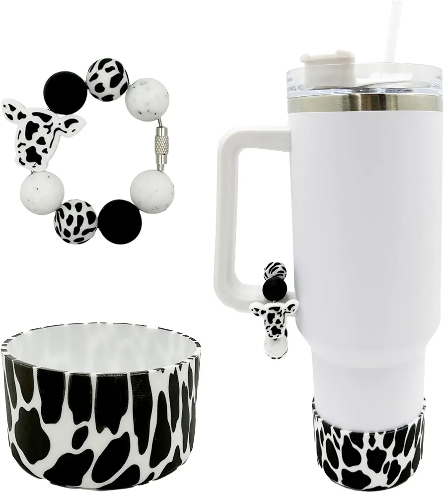 Silicone Boot Tumbler Handle Decor Tumbler Cup Cover Water Bottle Accessories for 30oz&40oz Stanley Protective Bottom Sleeve（cow print）