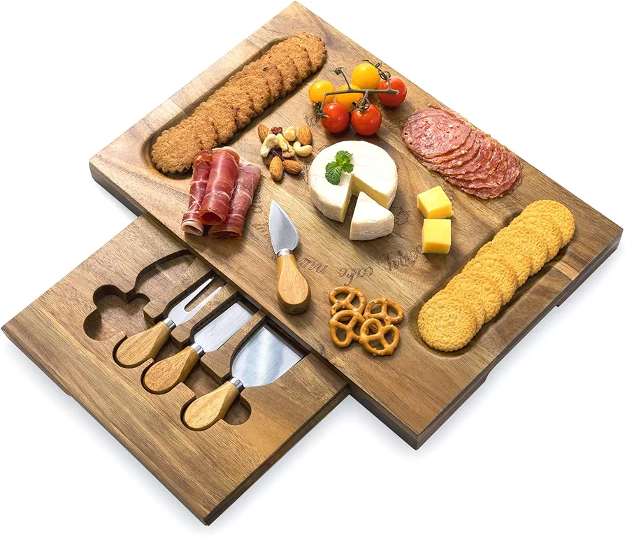 HBlife Cheese Board & Knife Set Acacia Charcuterie Board 11x16 Inch Cheese Platter with 4 Stainless Steel Knife Charcuterie Platter House Warming Gift & Perfect Choice for Christmas Thanksgiving