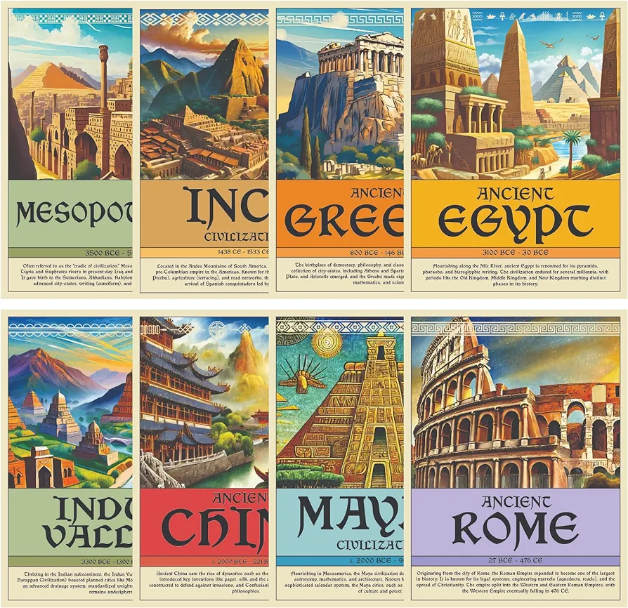 Wallbuddy Ancient Civilization Educational Posters Set of 8 | Social Studies Classroom Learning Materials | Ancient History Posters Unframed Wall Art Prints | Around The World Decorations (12x16)