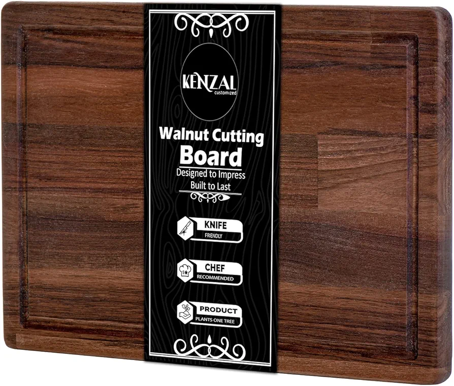 Kenzal Walnut Wood Cutting Boards for Kitchen, Heavy Duty for chopping with Juice Groove, for Meat(Butcher Block), Cheese and Vegetables 13 x 10 Inches