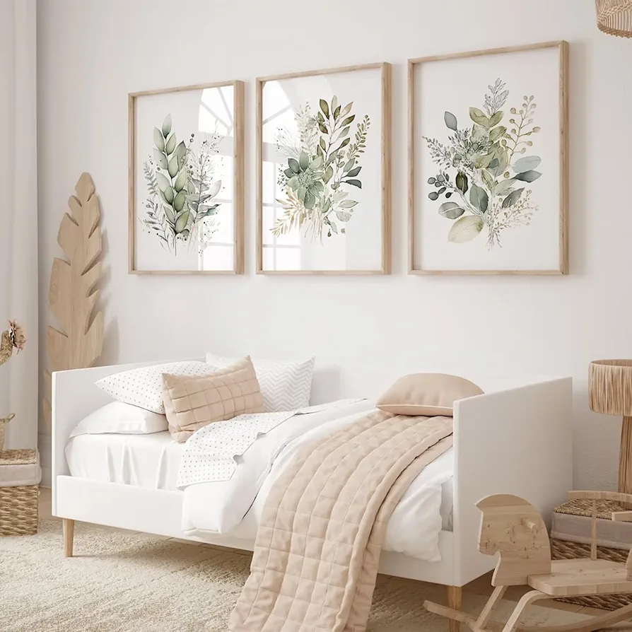 Watercolor Botanical Wall Art Set of 3 Boho Floral Canvas Wall Decor Prints Sage Green Wildflower Wall Art Modern Flower Pictures Botanical Painting for Bedroom Bathroom 16x24 Inch Unframed