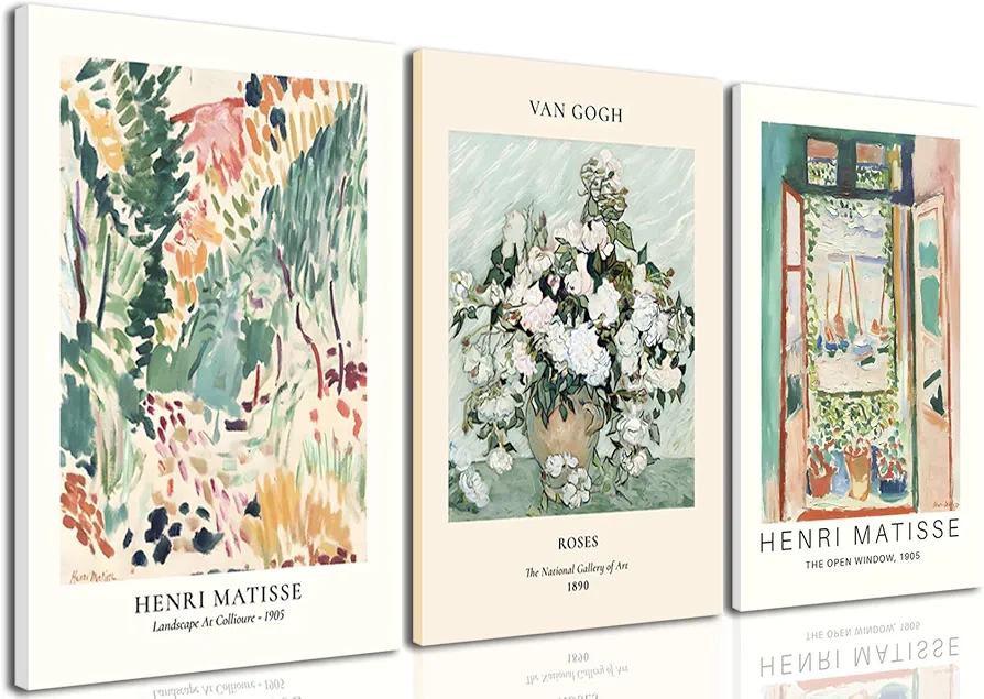 Hwetui Framed Sage Green Matisse Wall Art Set of 3 Vintage Vin Gogh Flower Market Posters Open Window Canvas Prints Abstract Aesthetic Artwork Painting Picture Decor for Living Room Bedroom 12"x16"