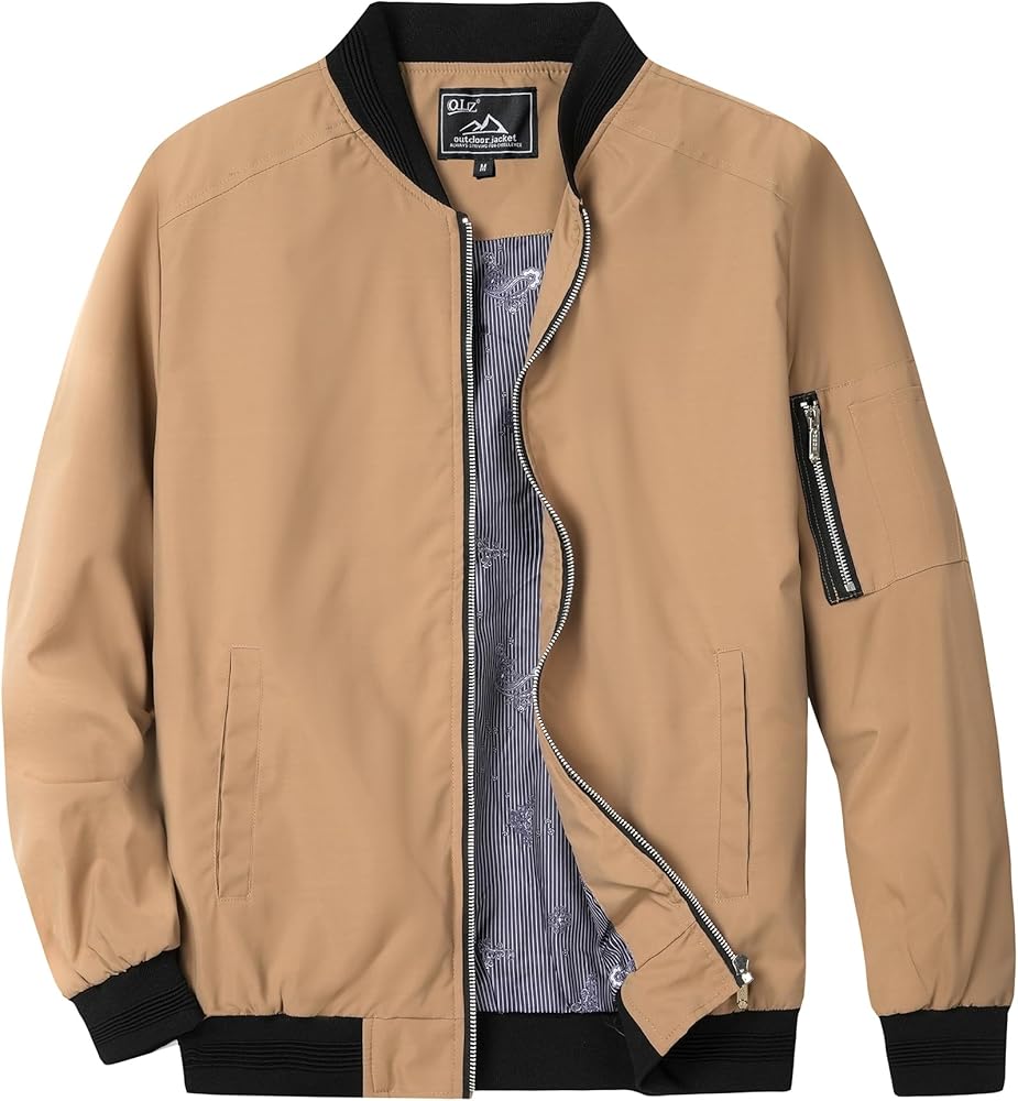 QLZ Men's Bomber Jackets Varsity Flight Jacket For Men Casual Lightweight Windbreaker Windproof Track Puffer Coat