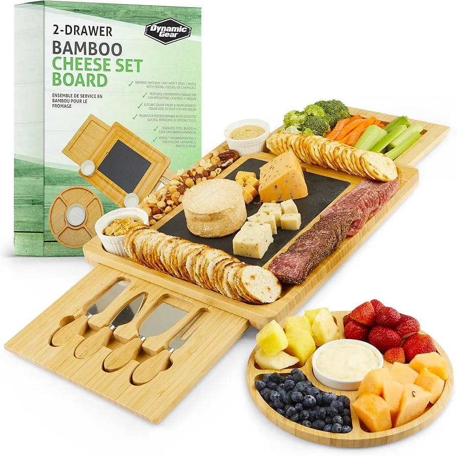 Charcuterie Board Gift Set, Expandable Bamboo Cheese Board with Stainless Steel Serving Utensils, Ceramic Bowls, Appetizer and Serving Trays, Utensil Trays - Housewarming 2 Drawers