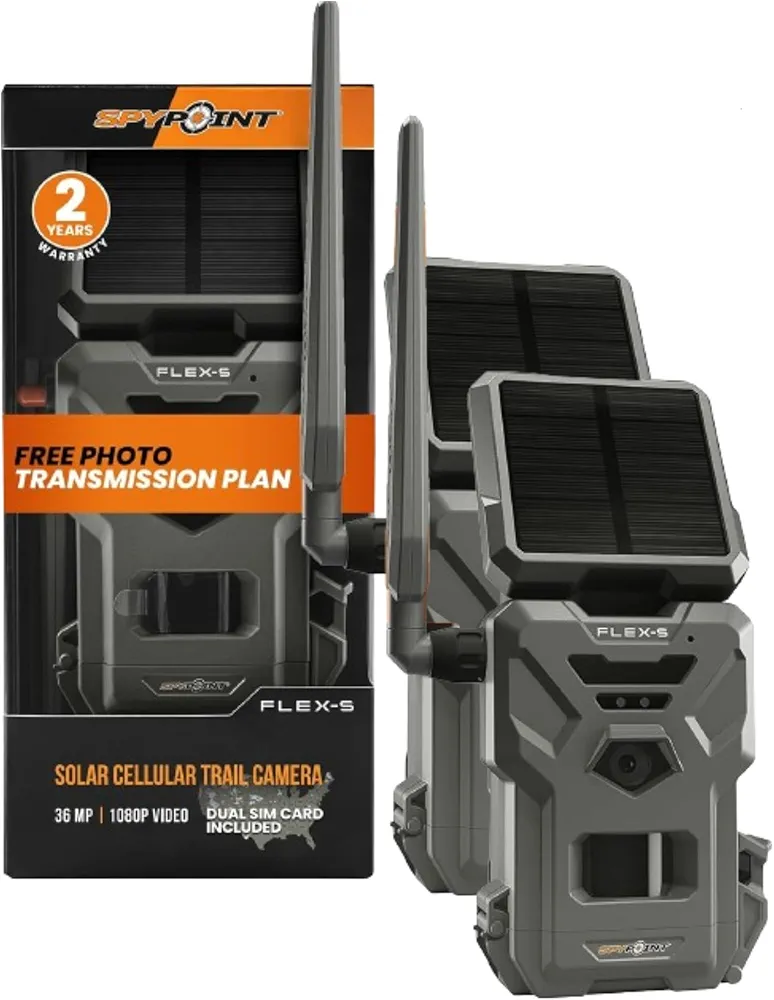 SPYPOINT Flex-S Solar Cellular Hunting Trail Camera (2pk), Integrated Solar Panel, On-Demand Capable, LTE Connectivity, 100-foot Flash/Detection Range, Internal Battery