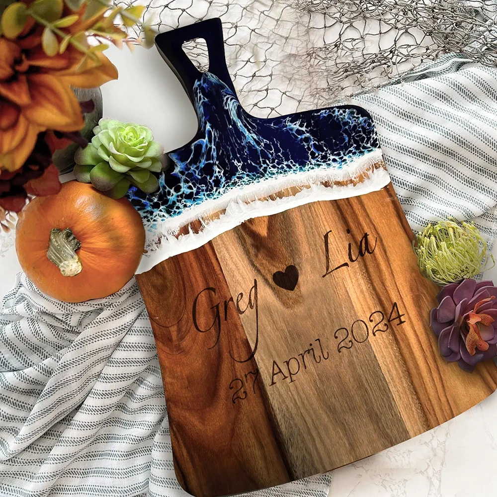 USA Made Personalized Ocean Resin Cutting Board, Engraved Wood Charcuterie Board - Customized Gifts of Cheese Boards,Christmas Personalized Wedding Gift,Couple Gift,Housewarming Gift,Anniversary Gift