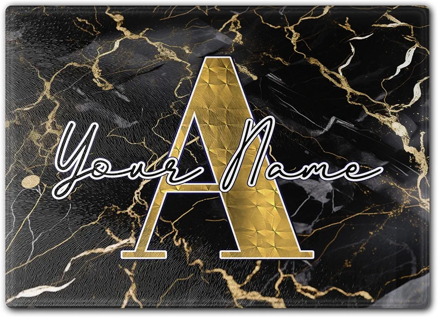 Bleu Reign Personalized Cutting Board Custom Name Marble Effect Pattern Design Bold Black Marble Textured Glass (Display Stand Included)