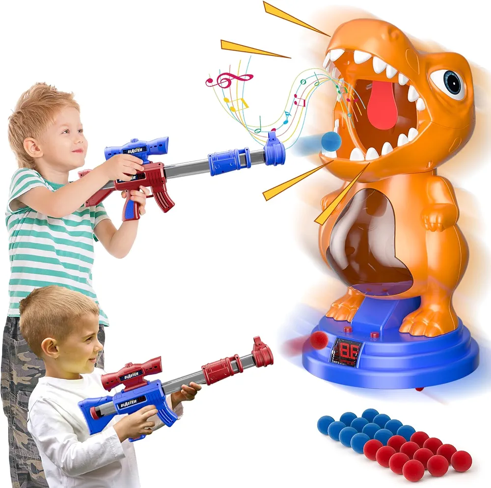 Movable Dinosaur Shooting Toys for Kids 5-7 with 2 Air Pump Gun, Target Shooting Games with LED Score Record, Light & Sound, 24 Foam Balls Competition Game Gift for Boys and Girls 3-5+ Years