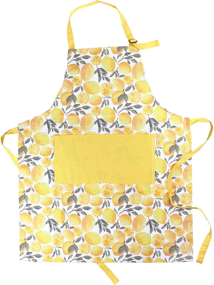 Adjustable Designer Kitchen Apron for Adults | 100% Machine Washable Cotton Cooking Apron with Pockets and Adjustable Neck Buckle | 27" Wide x 33" Long | Yellow Lemons