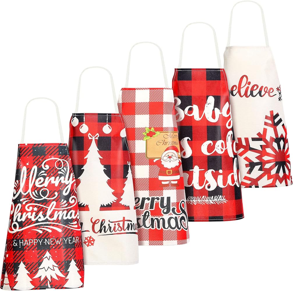 SATINIOR 5 Pcs Christmas Apron for Women Christmas Kitchen Cooking Aprons Adjustable Xmas Baking Aprons Cute Xmas Party Gift