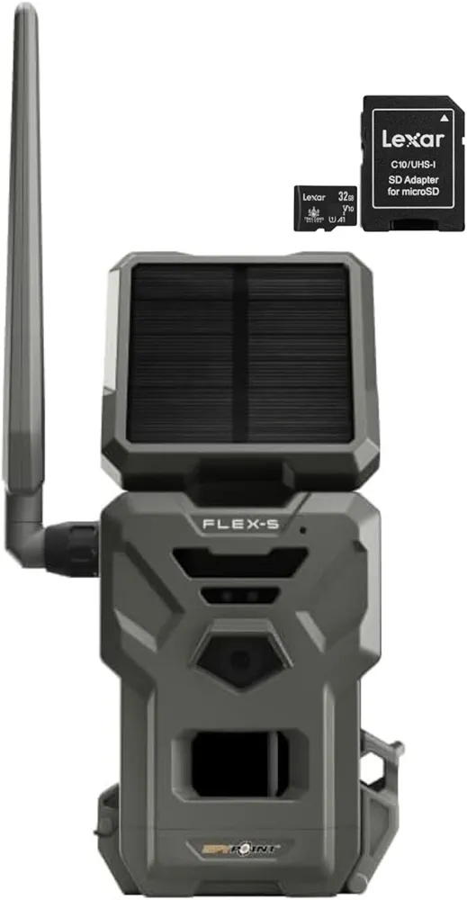 SPYPOINT Flex-S Solar Cellular Trail Camera, Integrated Solar Panel, LTE Connectivity, 100-foot Flash/Detection Range, Internal Battery + 32GB Micro SD Card