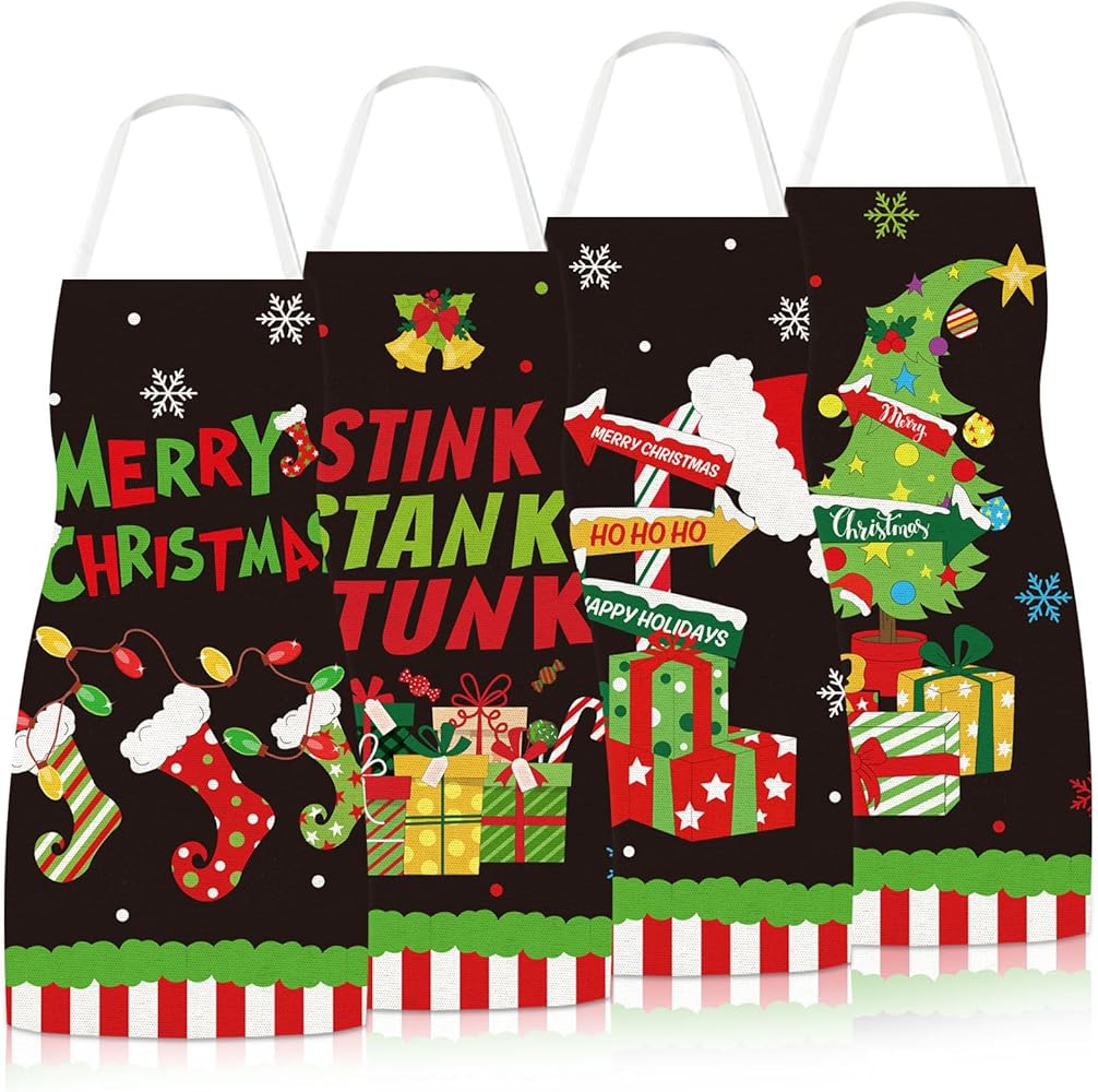 AnyDesign 4 Pack Christmas Aprons Black Adjustable Kitchen Cooking Aprons Cartoon Washable Xmas Kitchen Aprons for Restaurant Party Baking Supplies, 21.7 x 26.8 Inch