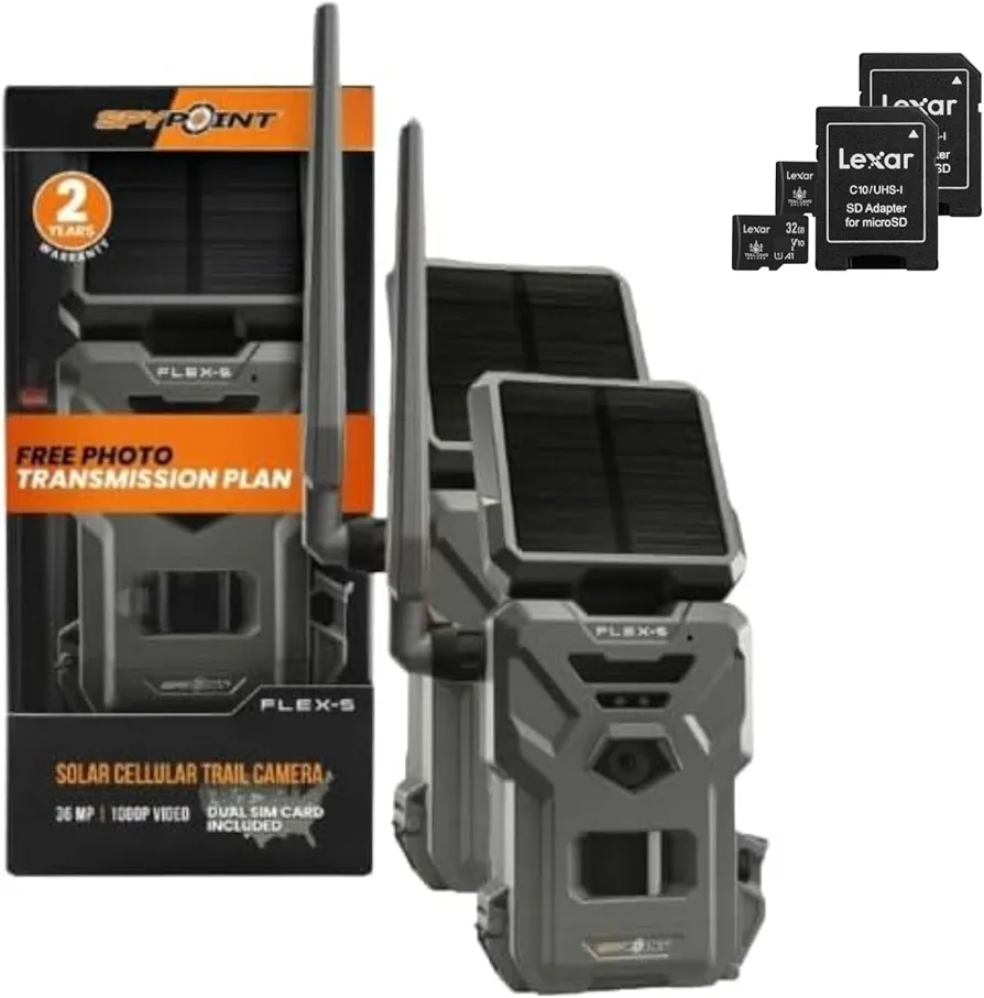 SPYPOINT Flex-S Solar Cellular Hunting Trail Camera (2pk), Integrated Solar Panel, On-Demand Capable, LTE Connectivity, 100-foot Flash/Detection Range, Internal Battery + Two SD Cards