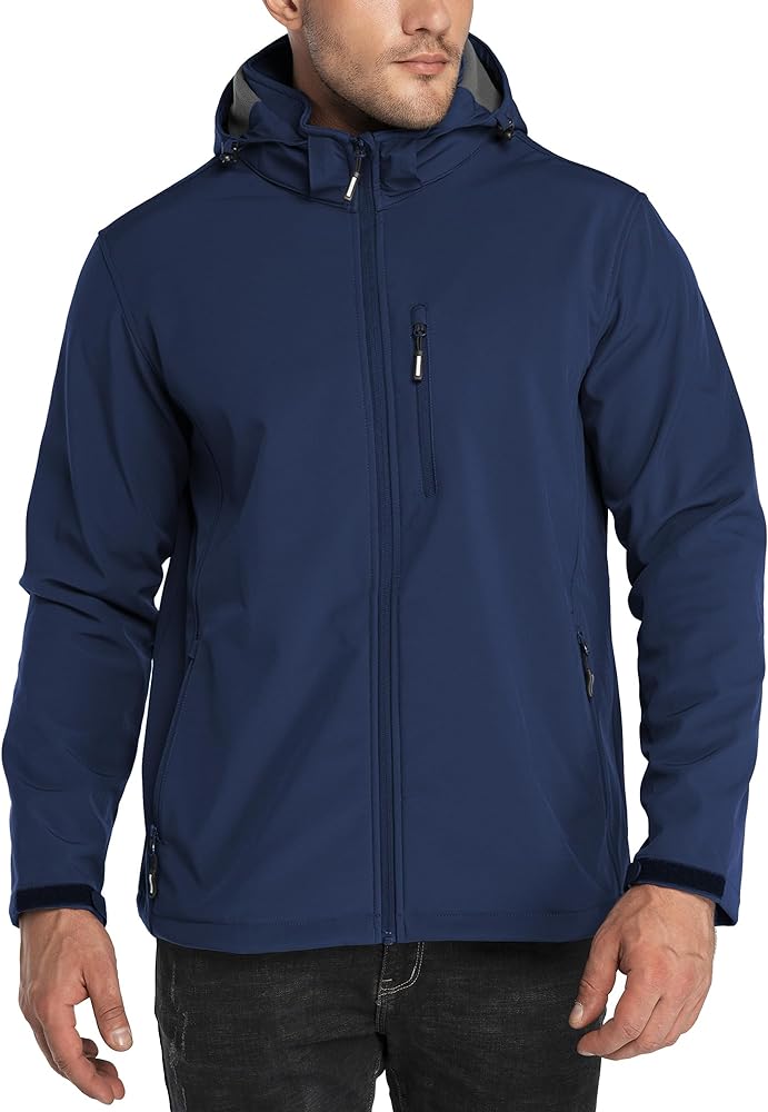 Outdoor Ventures Men's Lightweight Softshell Jacket Fleece Lined Hooded Water Resistant Winter Hiking Windbreaker Jackets
