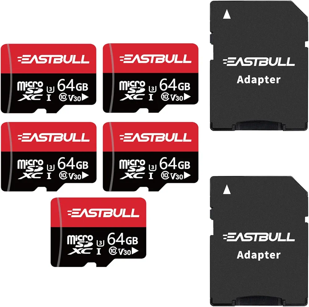 EASTBULL 64GB 5-Pack of Micro SD Cards, 64GB SD Cards Pack Full HD Video 90MB/s UHS-I U1 Micro SDHC Class 10 for Surveillance Security Cam (5 Units and 2 Adapters)