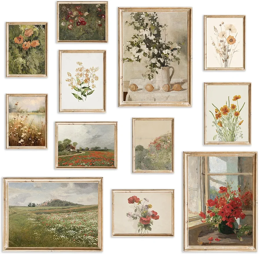 KBKBART Vintage Floral Wall Art, Vintage Floral Prints for Wall Decor, Farmhouse Flower Botanical Painting, Spring Summer Flower Poster for Room Aesthetic, French Wildflower Landscape Decor Art Prints -UNFRAMED