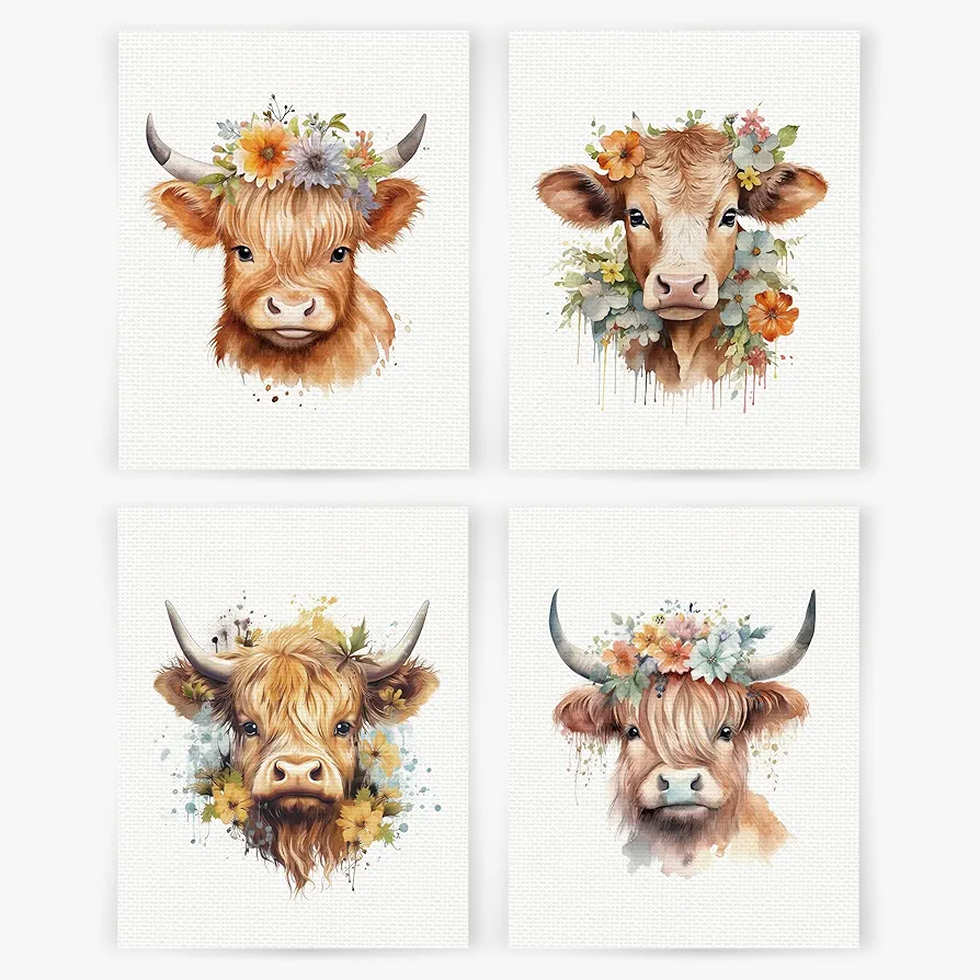 YQDEJ Floral Highland Cow Wall Art Prints Set of 4, Highland Cow Decor, Cow Wall Decor, Farmhouse Western Cow Wall Art, Cow Room Decor, Cow Home Decor, Western Home Decor,8x10 Unframed(Canvas)