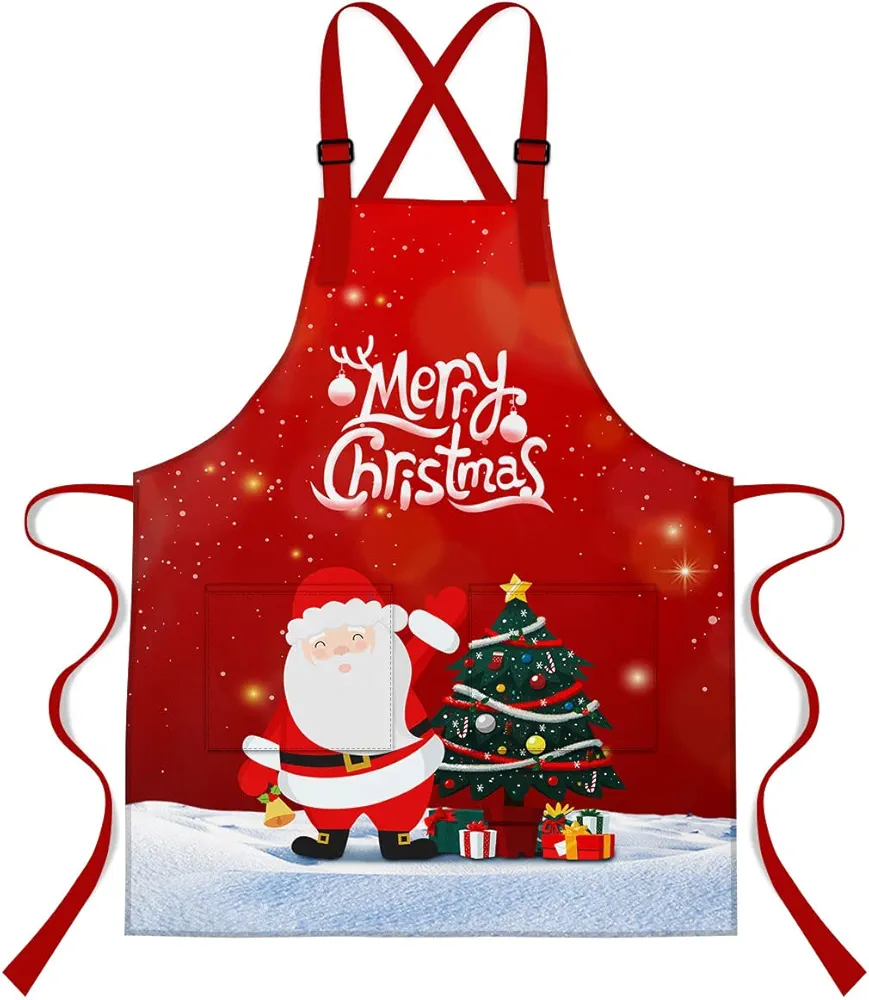 Santa Claus Apron 33.4L x 27.5W Inches Christmas Cartoon Christmas Tree Snow Pattern Print Bib Apron for Kids Men's Women's Kitchen Cooking Apron WQMLMN30