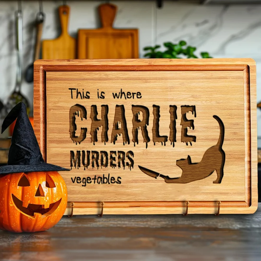 Personalized Halloween Cutting Board for Kitchen, Funny Cat Cutting Board Sayings, This is Where I Murder Vegetables Cutting Board, Unique Cutting Board for Halloween Lovers, Custom Halloween Kitchen
