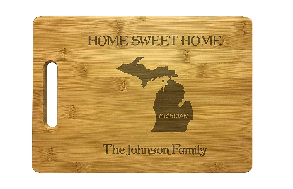 Personalized Michigan Cutting Board Home Sweet Home Custom Text Engraved Bamboo Housewarming Gifts