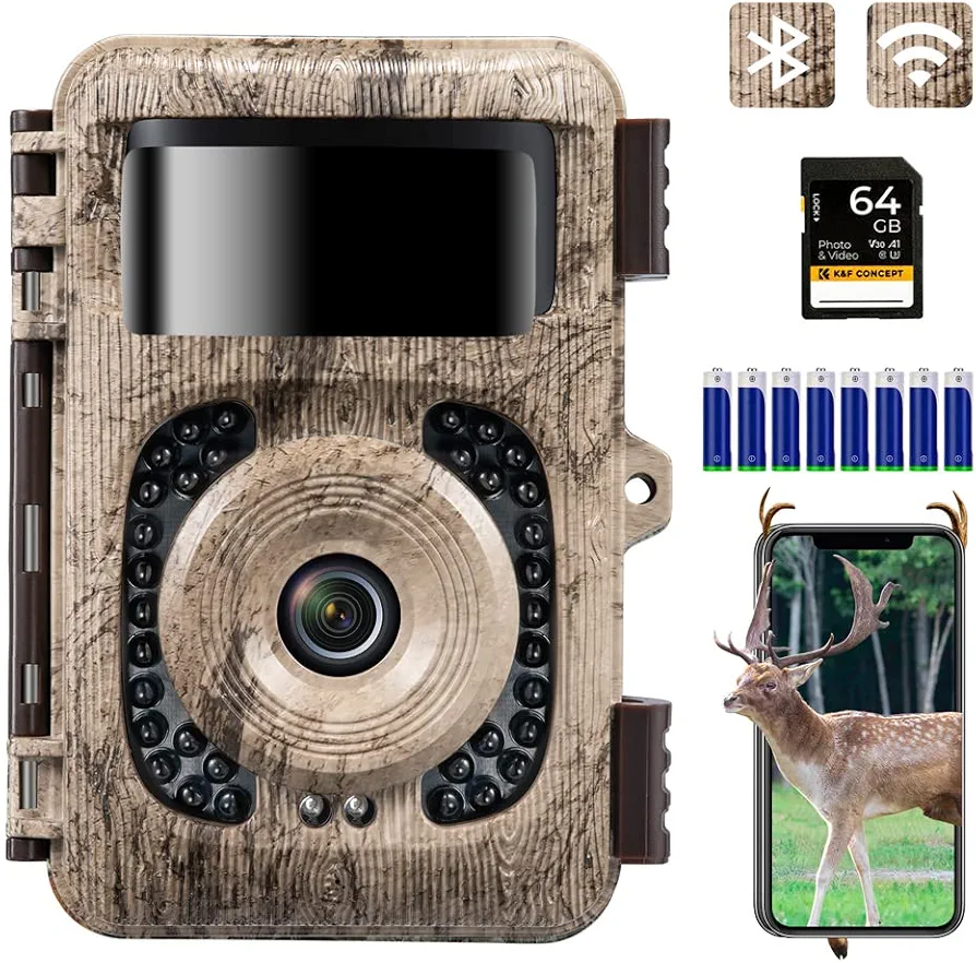 K&F Concept 4K 48MP WiFi Trail Camera, Game Camera with No Glow Night Vision Motion Activated Waterproof, 0.2s Trigger Time, 120°Wide Lens, 2.4'' LCD Hunting Camera for Wildlife Monitoring