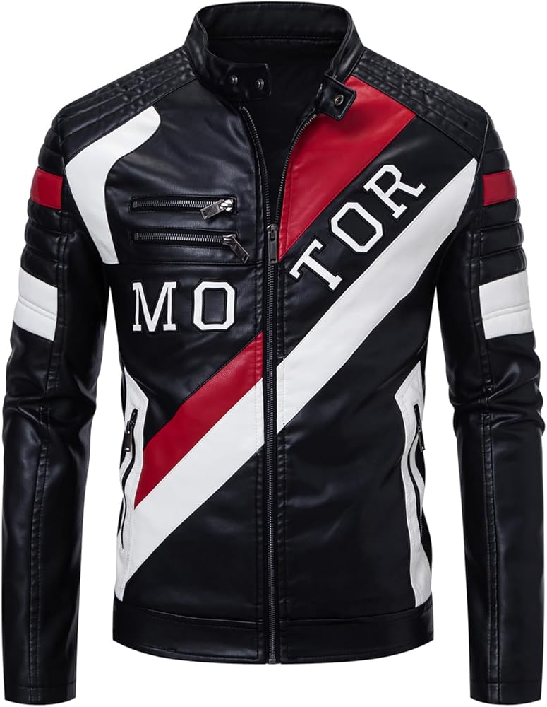 FANARCHER Men's Trendy Stand Collar Slim Fit Faux Leather Jacket Moto Biker Zip-up Outwear with Letter Printed