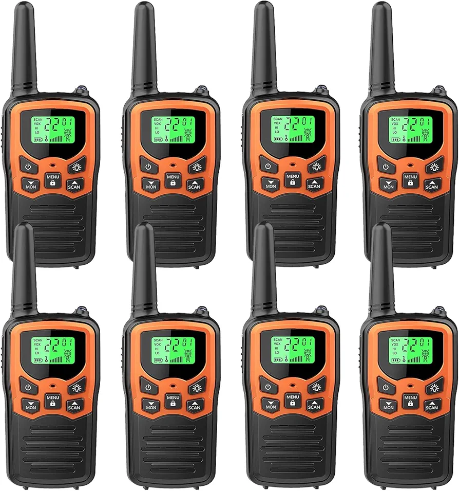 Walkie Talkies, MOICO Long Range Walkie Talkies for Adults with 22 FRS Channels, Family Walkie Talkie with LED Flashlight VOX LCD Display for Hiking Camping Trip (Orange 8 Pack)