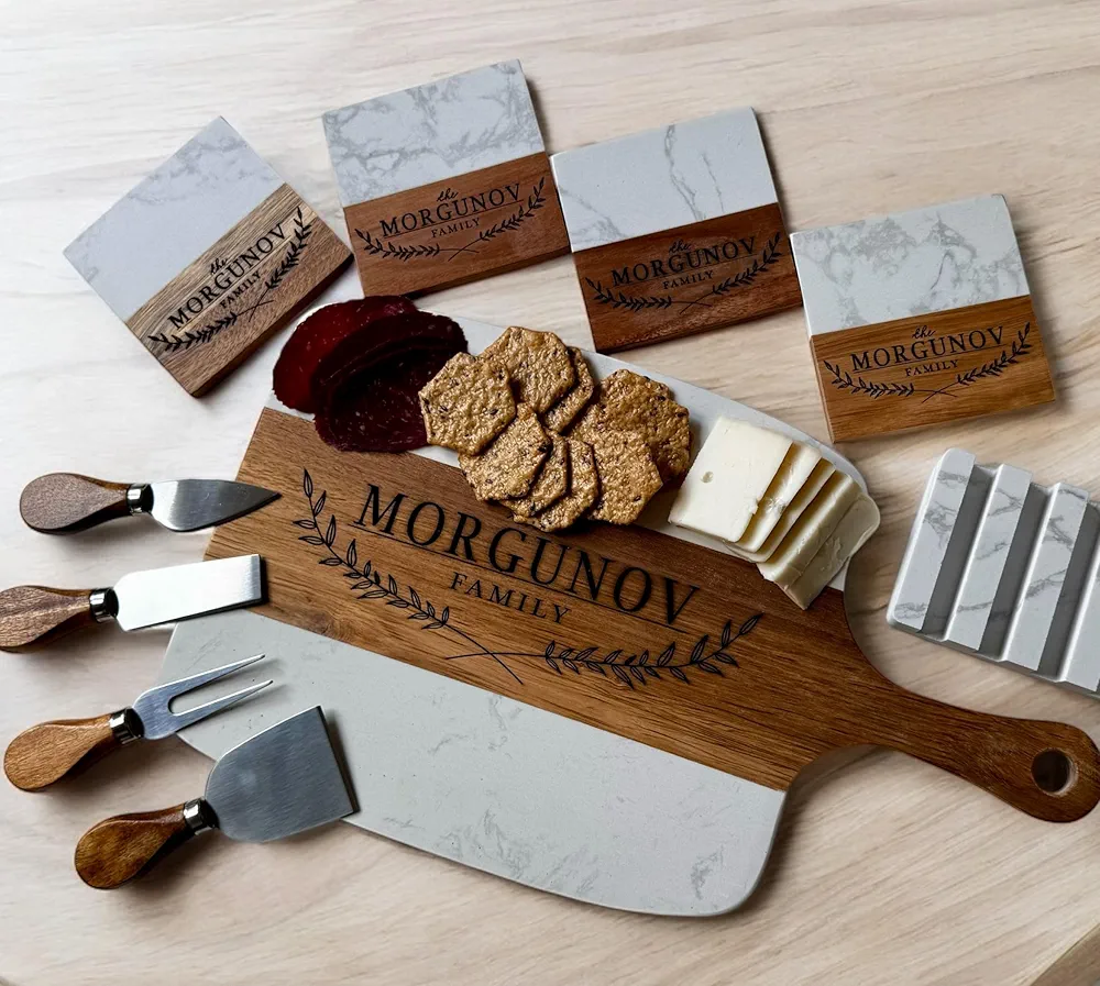 Personalized Marble Charcuterie Board - Comes with Serving Tools for Christmas - Unique Christmas Gift Set - Premium Engraved Cutting Board
