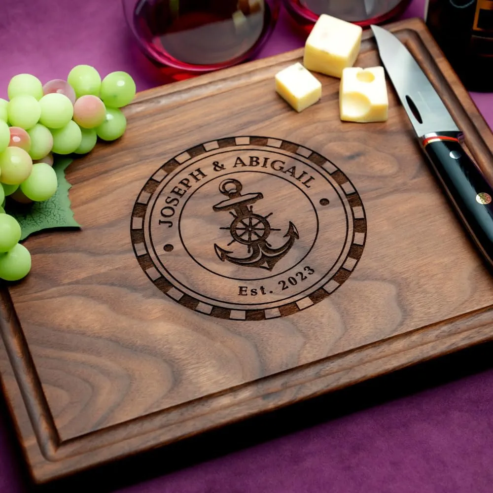 Straga Personalized Cutting Boards | Handmade Wood Engraved Charcuterie | Custom Wedding, Anniversary, Cruise Vacation Gift for Couples (Round Nautical Design No.801)