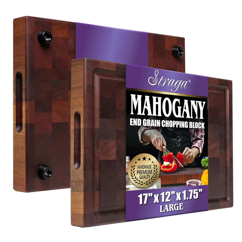 Straga Handmade Reversible End Grain Mahogany Heavy-Duty Chopping Block with Non-Slip Feet, Deep Juice Groove, Built-in Handles - Ideal for Cutting Meat, Cheese, Vegetables (17" x 12", Mahogany)