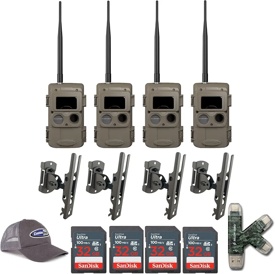 Cuddeback CuddeLink Wireless Trail Camera 3rd Gen Sensor, Low-Glow IR LED Camera with Antenna Bundle with Trail Camera Mount, 32 GB Memory Card, Adjustable Trucker Hat, and USB Card Reader (4-Pack)