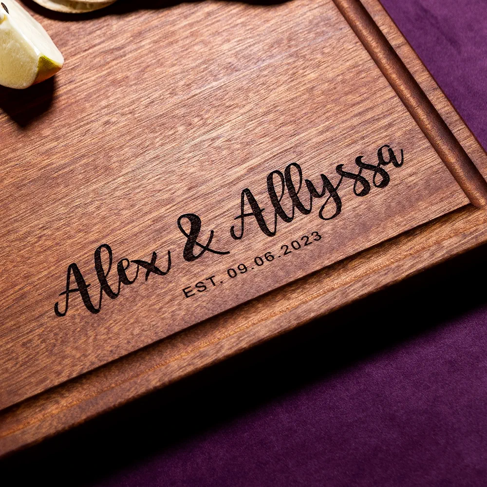 Straga Personalized Cutting Boards | Handmade Wood Engraved Charcuterie | Custom Wedding, Anniversary, Birthday Gift for Couples (Script Corner Design No.920)
