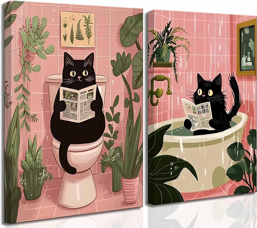 2 Pcs Funny Pink Bathroom Cat Canvas Wall Art Black Cat Sitting on Toilet Reading Newspaper Bathe Paintings Pictures Wall Decor Poster Print Artwork for Toilet Washroom Home Decoration (Canvas, 12x16in)