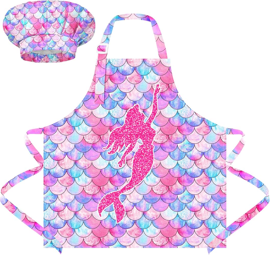 Kids Apron and Chef Hat Set, Child Aprons for Cooking Baking Painting Unicorn Toddler Girls Art Apron with Pockets 3-12 Years